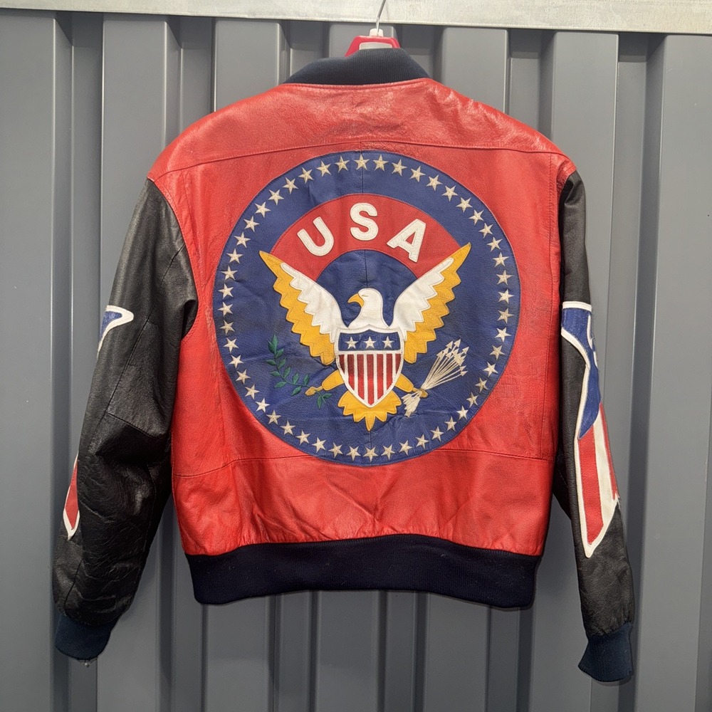 Michael Hoban Vintage WhereMi Leather Bomber USA Flag Jacket Mens Size L‎